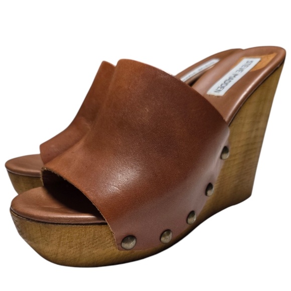 VINTAGE STEVE MADDEN CHERR WOODEN WEDGES MULES - Picture 1 of 8